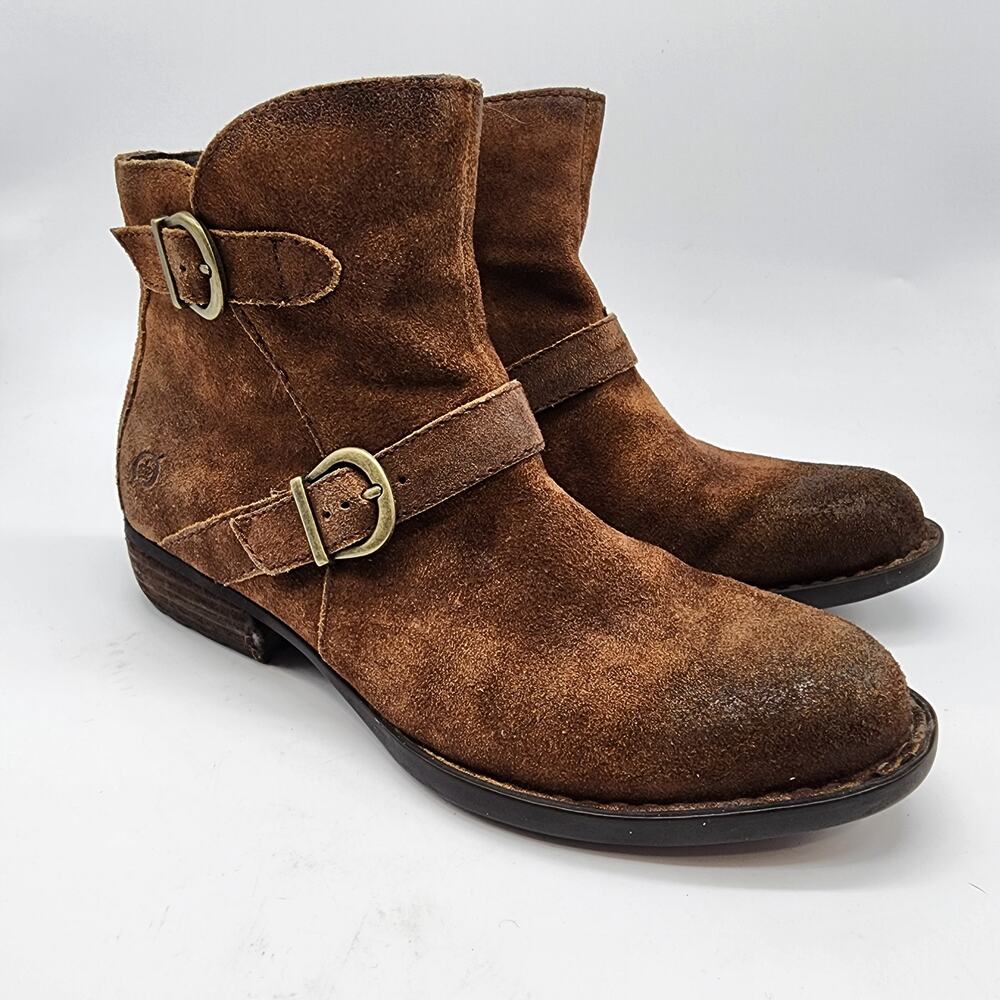 BORN Syd Brown Suede Distressed Buckle Strap Ankle Boot Size 6.5M‎